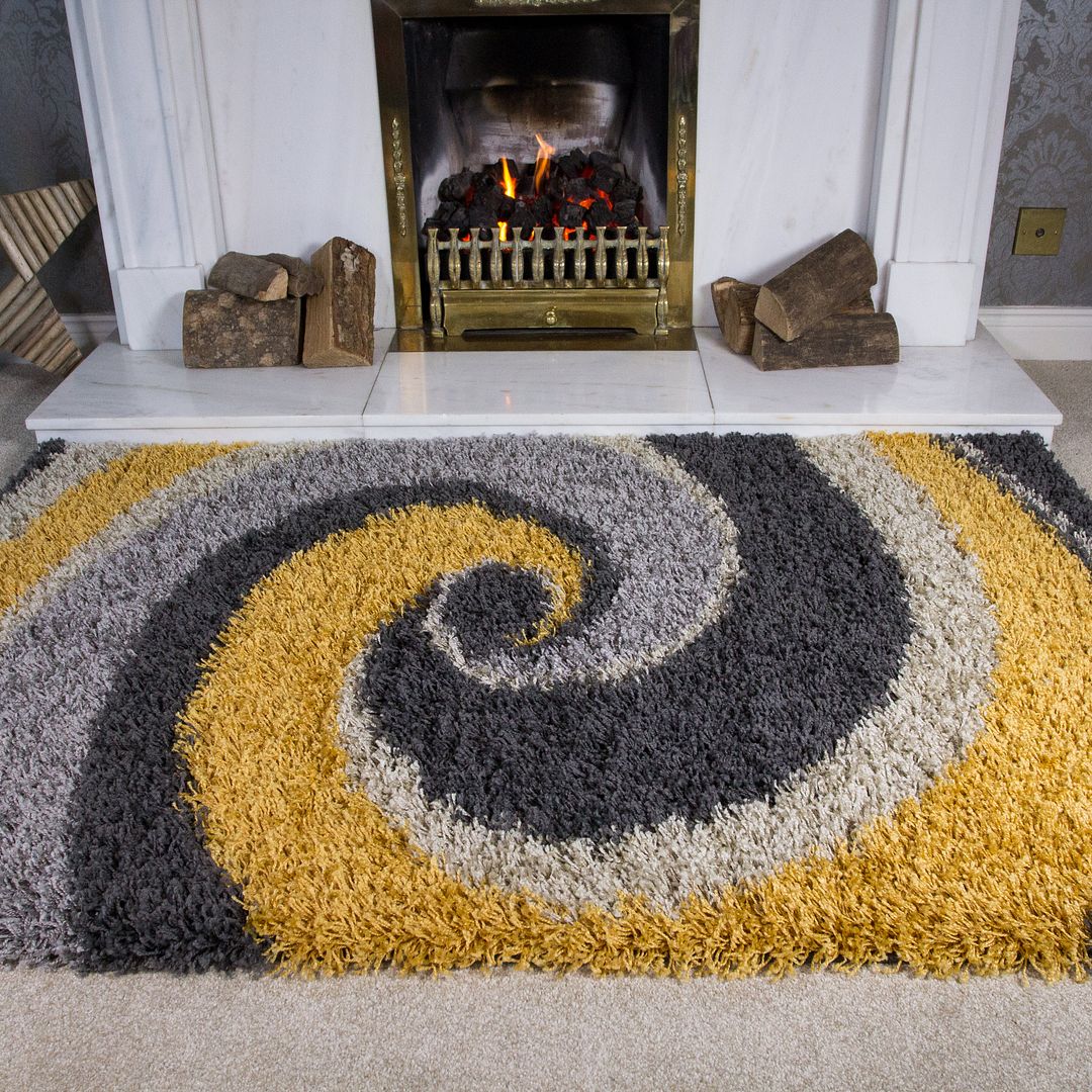 Modern Yellow & Grey Shaggy Rugs Mustard Ochra Silver Swirls Living